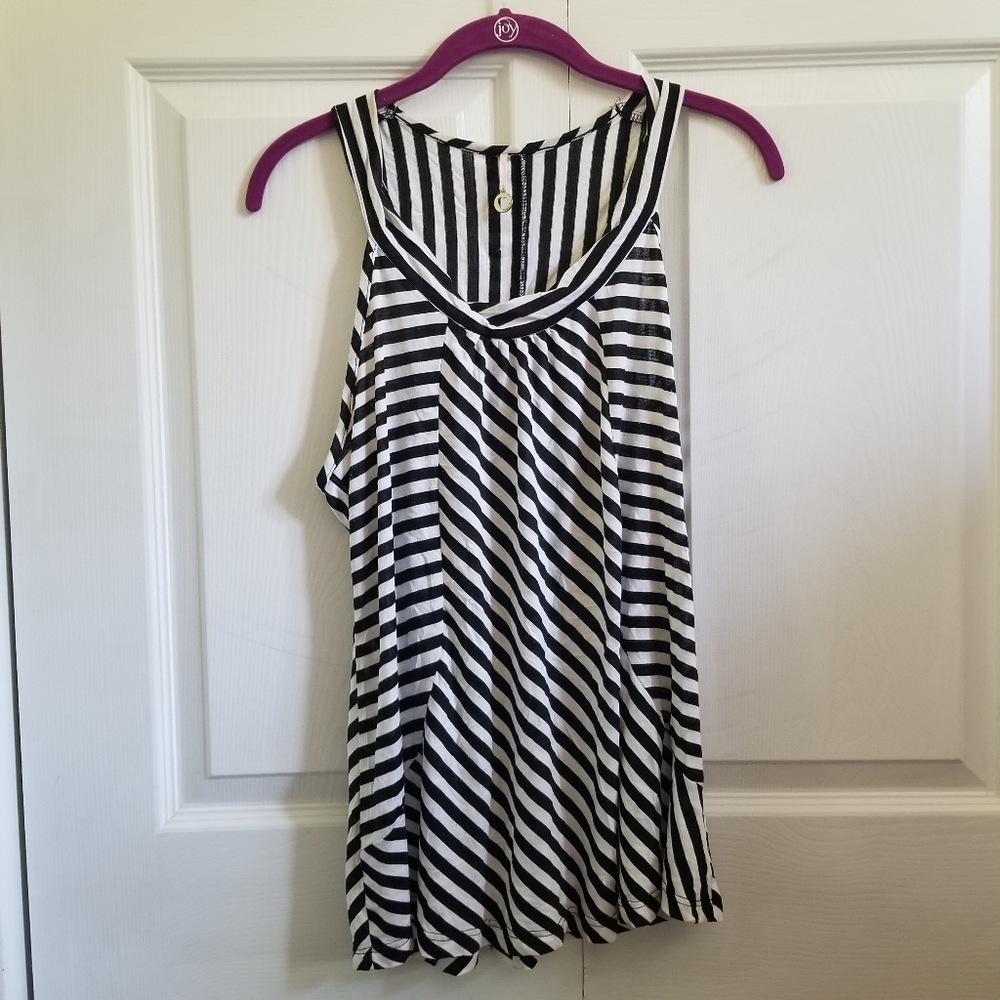 Robin K. Women's Tank Top Large Black White Stripes Buttons Blouse